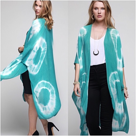 Boho Mint Tie Dye Kimono Beach Coverup O/S - Picture 2 of 5